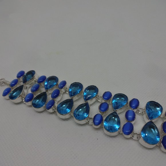 Stunning "BLUE TOPAZ & BLUE CATS EYE" Handmade Sterling Bracelet 8" #219A - Picture 1 of 3